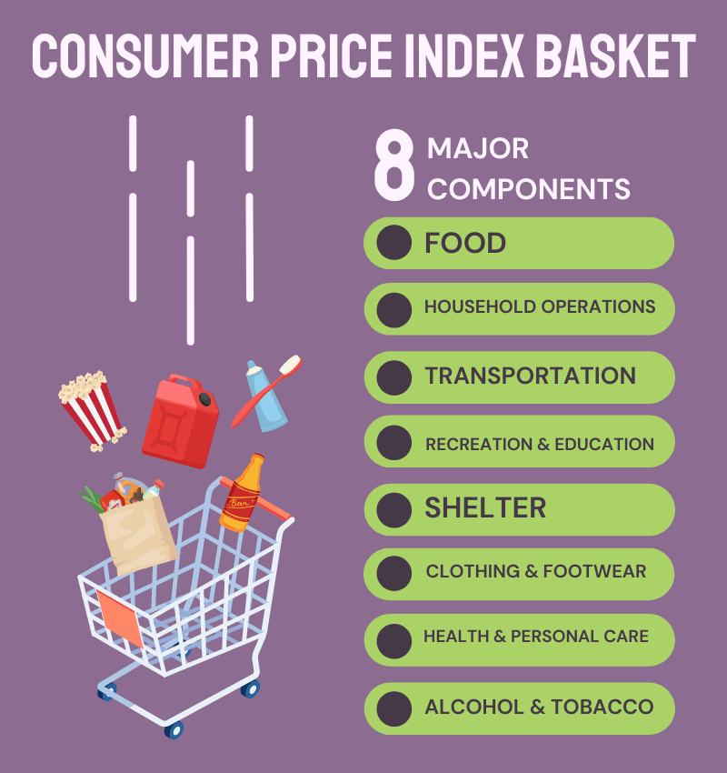 A shopping cart with various everyday items falling into it like gasoline, toothpaste, beer, groceries, etc. On the right is a list of eight categories that the CPI basket takes into account.
